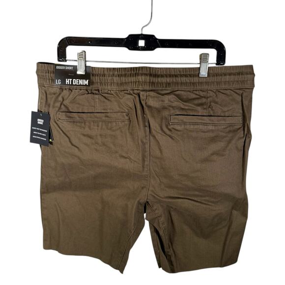 Hot Topic NWT Men's Large HT Denim Brown Jogger Shorts Drawstring Raw Hem - Picture 3 of 12